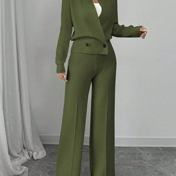Green Elegant Women's Loose Long Sleeve Crew Neck  Knit Sweater & Suit Pants Set - Picture 4 of 8